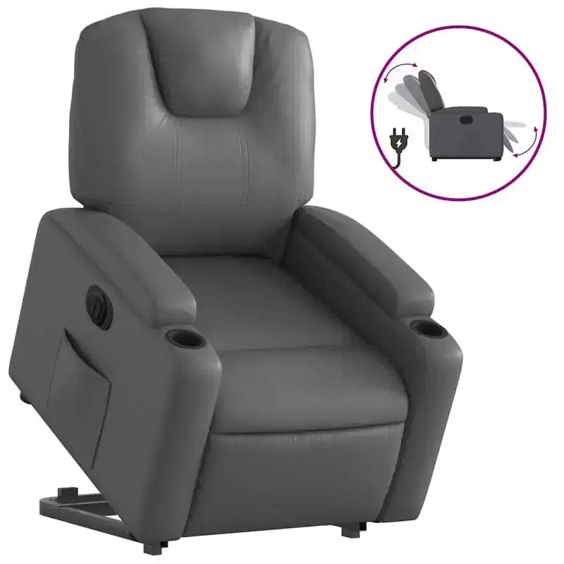 vidaXL Electric Power Lift Recliner Chair - Gray Faux Leather, Motorized Reclining Armchair with Cup Holders & Side Pocket for Elderly