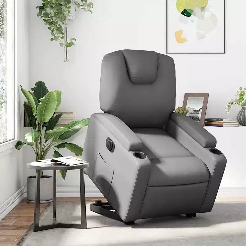 vidaXL Fauteuil inclinable électrique releveur – Cuir artificiel gris, fauteuil inclinable motorisé avec porte-gobelets et pochette latérale pour personnes âgées