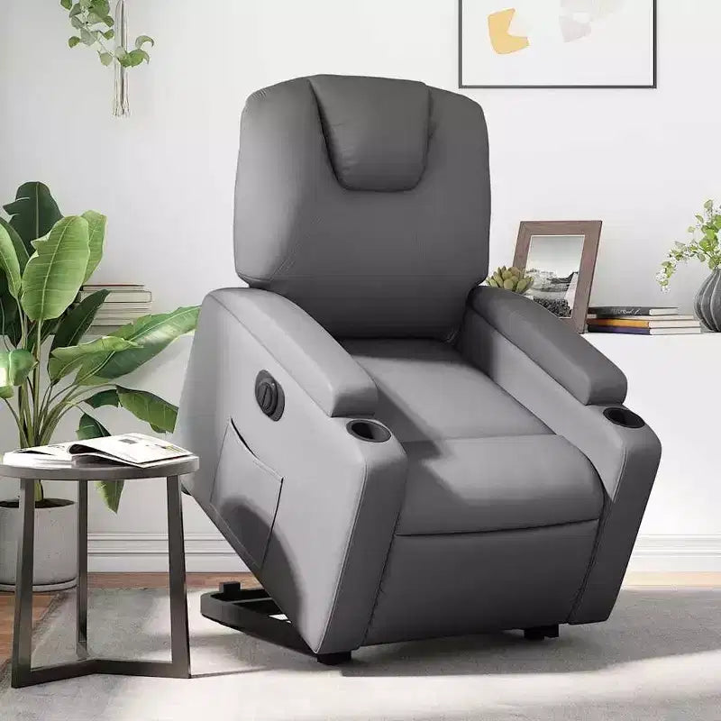 vidaXL Fauteuil inclinable électrique releveur – Cuir artificiel gris, fauteuil inclinable motorisé avec porte-gobelets et pochette latérale pour personnes âgées