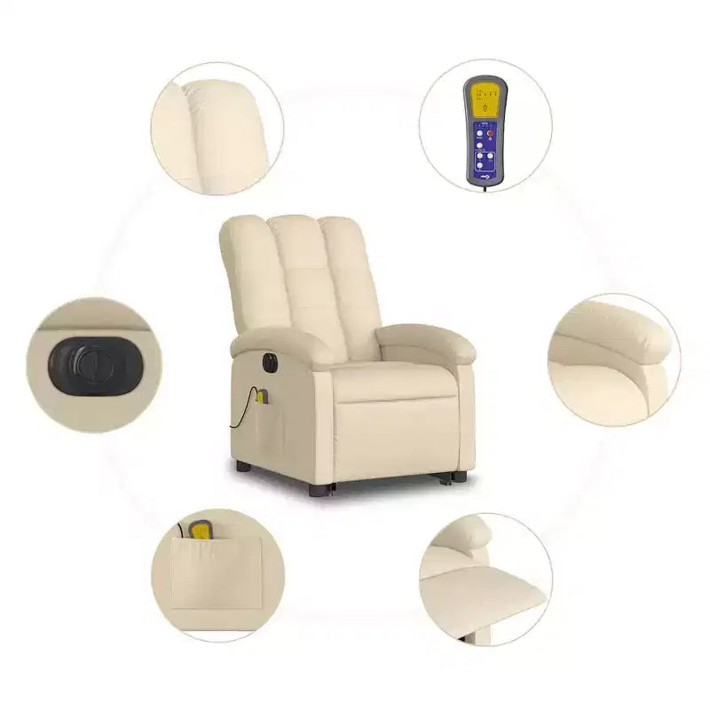vidaXL Fauteuil inclinable de massage électrique - Fonction Power Lift, massage vibrant, tissu crème, repose-pieds motorisé, dossier motorisé