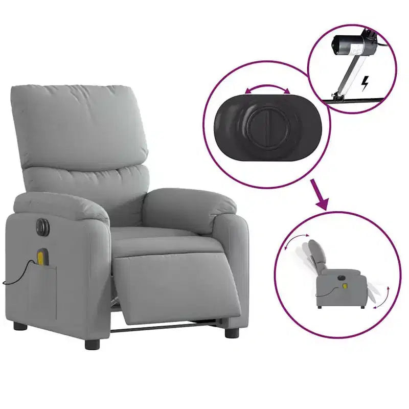 vidaXL Fauteuil de massage électrique Gris clair, Fauteuil inclinable avec massage vibrant, Poche latérale, Confort en tissu