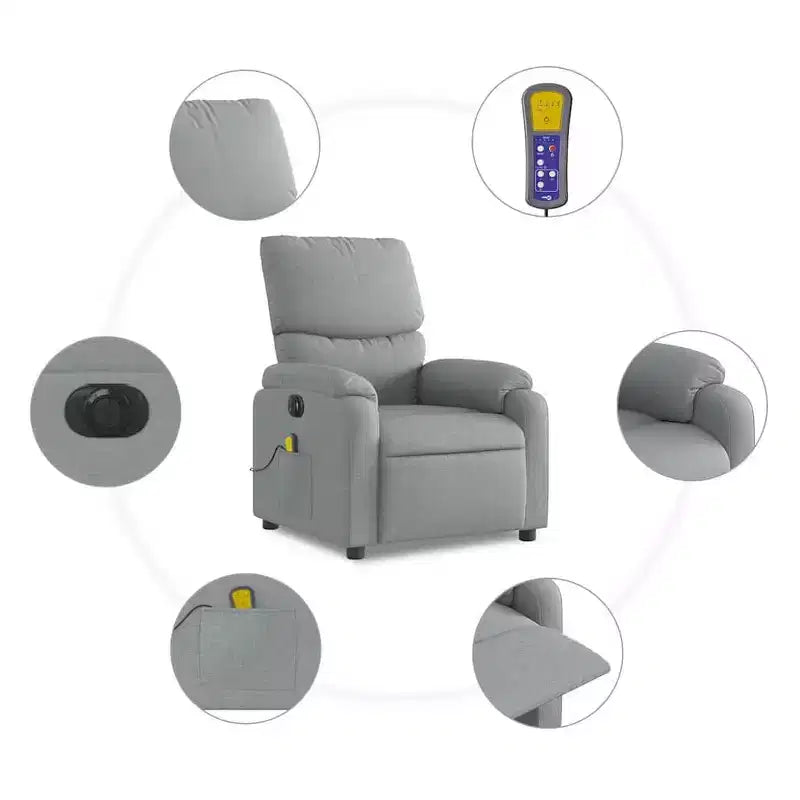 vidaXL Fauteuil de massage électrique Gris clair, Fauteuil inclinable avec massage vibrant, Poche latérale, Confort en tissu