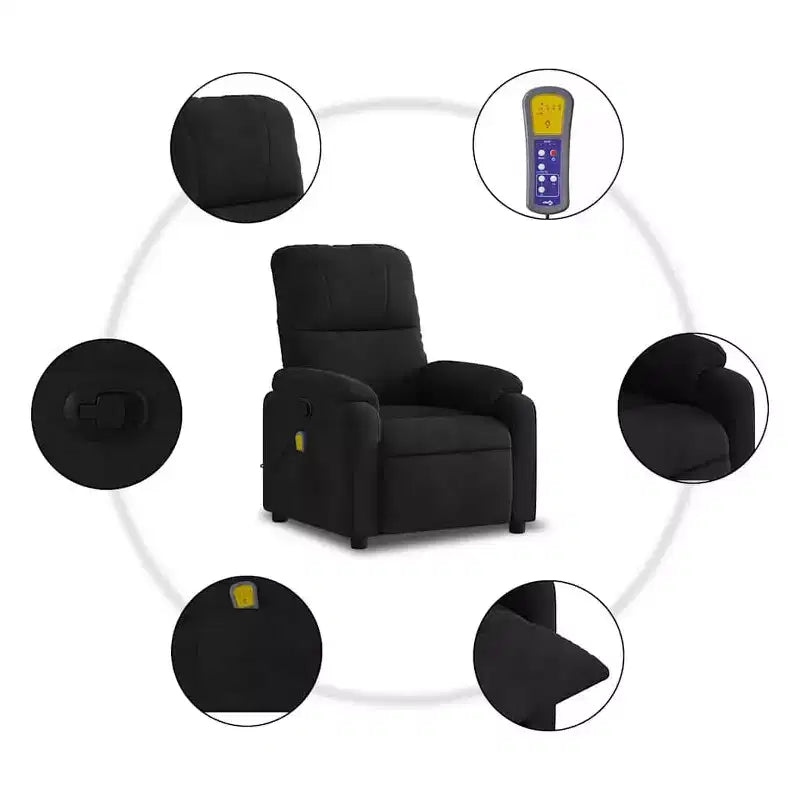 vidaXL Fauteuil inclinable de massage en tissu microfibre noir - Inclinable manuel à 6 vibrations avec poche latérale pour salon