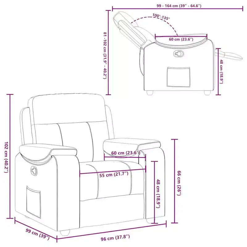 vidaXL Fauteuil inclinable en tissu gris foncé - Fauteuil manuel avec poche latérale pour salon/séjour