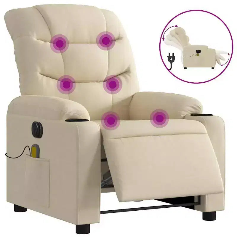 vidaXL Electric Massage Recliner Chair - Cream Fabric with Automatic Adjusting Back/Footrest, Vibration Massage, Cup Holders for Home Theater Comfort