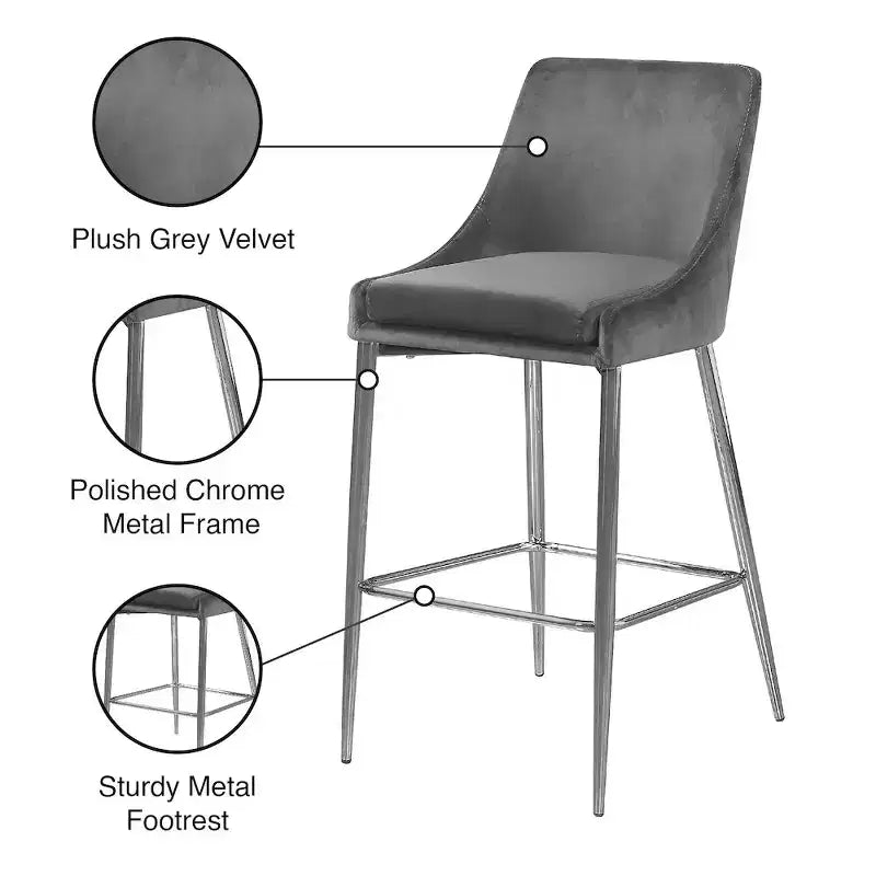 Meridian Furniture, tabouret Karina en velours gris, lot de 2