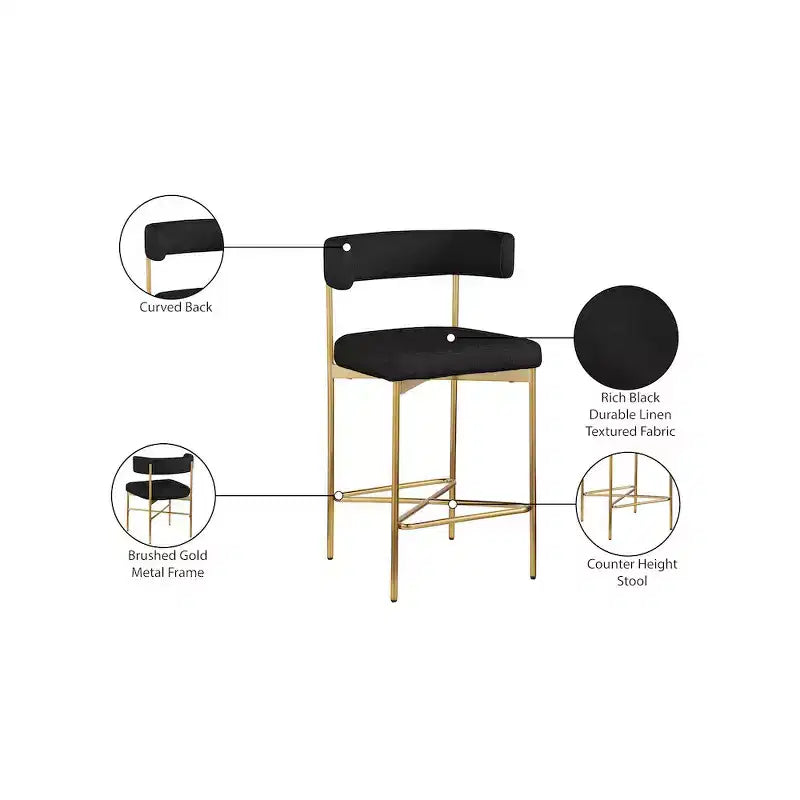 Meridian Furniture, Tabouret Rivage noir en tissu texturé durable, lot de 2