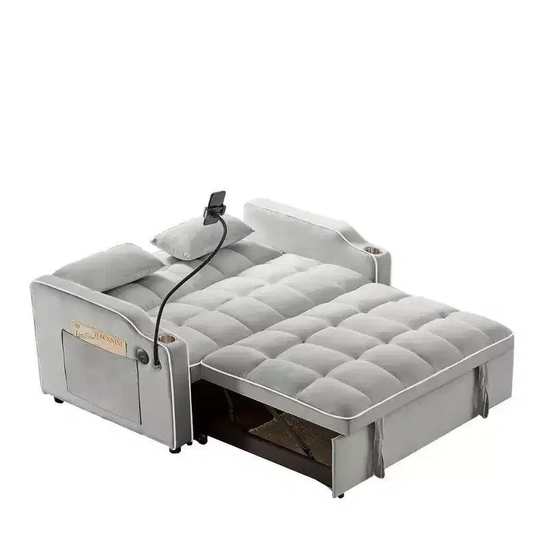 Canapé-lit pliable 3-en-1 Zeus & Ruta polyvalent en velours avec dossier réglable, port USB, cendrier et support de téléphone pivotant