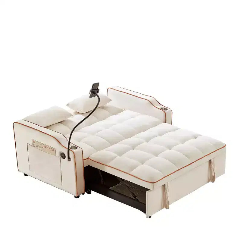 Canapé-lit pliable 3-en-1 Zeus & Ruta polyvalent en velours avec dossier réglable, port USB, cendrier et support de téléphone pivotant