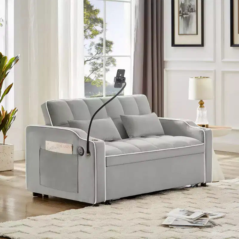 Canapé-lit pliable 3-en-1 Zeus & Ruta polyvalent en velours avec dossier réglable, port USB, cendrier et support de téléphone pivotant