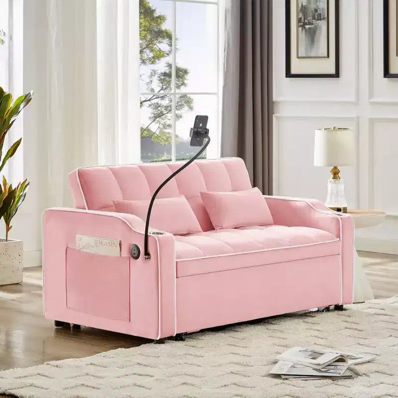 Canapé-lit pliable 3-en-1 Zeus & Ruta polyvalent en velours avec dossier réglable, port USB, cendrier et support de téléphone pivotant