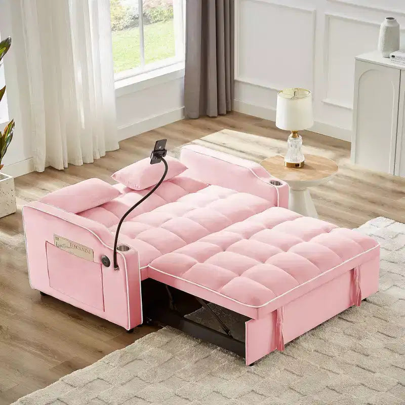 Canapé-lit pliable 3-en-1 Zeus & Ruta polyvalent en velours avec dossier réglable, port USB, cendrier et support de téléphone pivotant