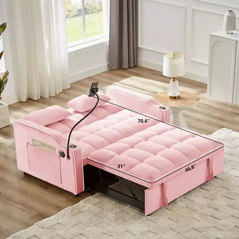Canapé-lit pliable 3-en-1 Zeus & Ruta polyvalent en velours avec dossier réglable, port USB, cendrier et support de téléphone pivotant
