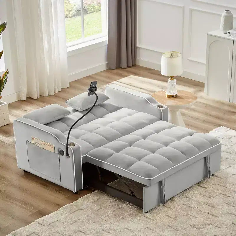 Canapé-lit pliable 3-en-1 Zeus & Ruta polyvalent en velours avec dossier réglable, port USB, cendrier et support de téléphone pivotant
