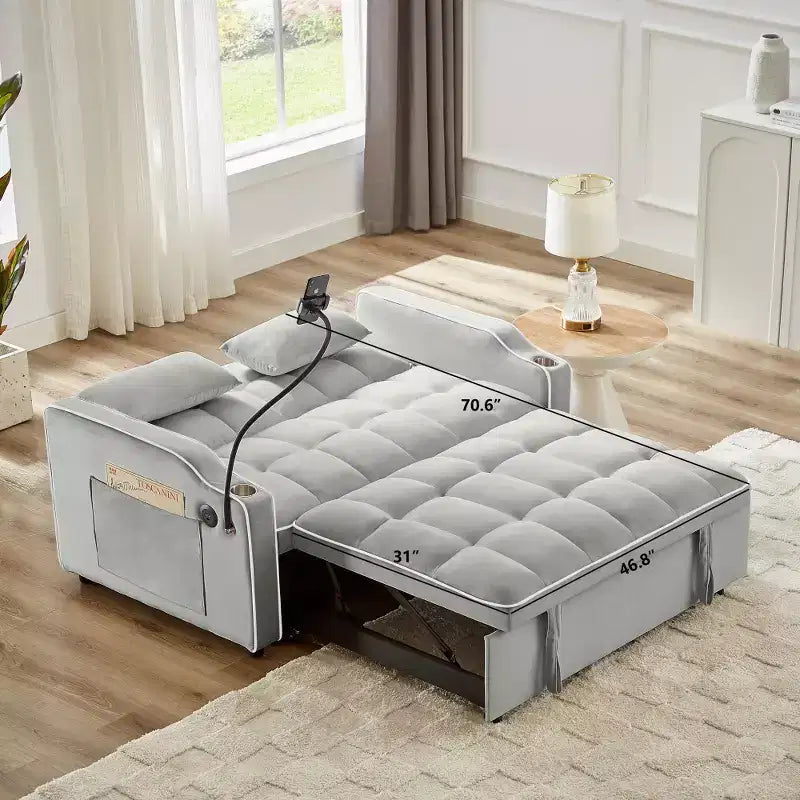 Canapé-lit pliable 3-en-1 Zeus & Ruta polyvalent en velours avec dossier réglable, port USB, cendrier et support de téléphone pivotant