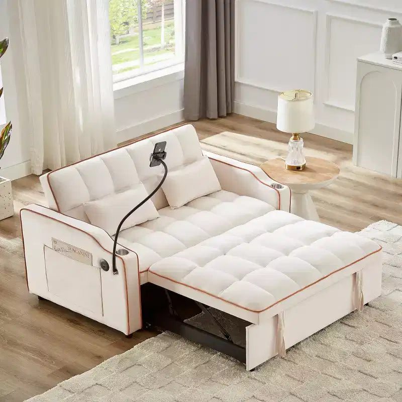 Canapé-lit pliable 3-en-1 Zeus & Ruta polyvalent en velours avec dossier réglable, port USB, cendrier et support de téléphone pivotant