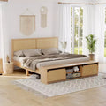 Natural Rattan Queen Size Bed Frame with Sliding Barn Door Storage Cabinets and LED Light Headboard, Boho Farmhouse Wood Platform Bed with Wood Legs