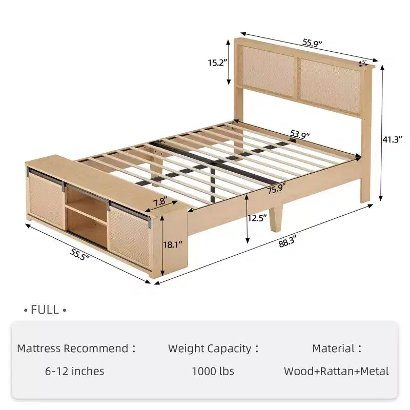 Lit plateforme Queen Size en rotin naturel avec armoires de rangement coulissantes de type porte de grange et tête de lit lumineuse à LED, lit bohème de style ferme avec pieds en bois