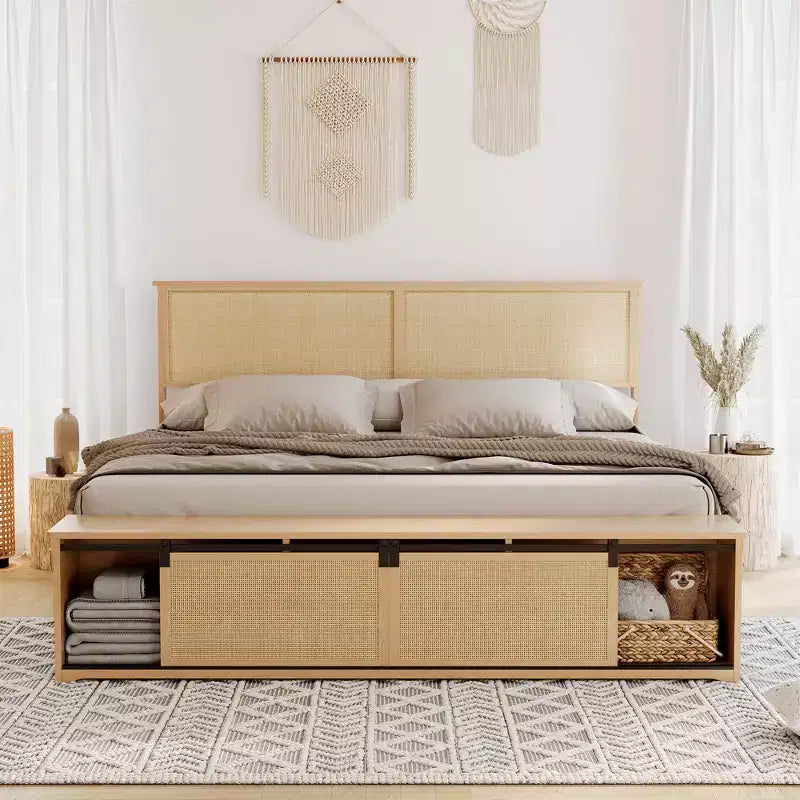 Lit plateforme Queen Size en rotin naturel avec armoires de rangement coulissantes de type porte de grange et tête de lit lumineuse à LED, lit bohème de style ferme avec pieds en bois
