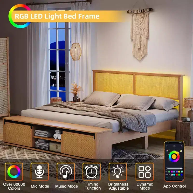 Lit plateforme Queen Size en rotin naturel avec armoires de rangement coulissantes de type porte de grange et tête de lit lumineuse à LED, lit bohème de style ferme avec pieds en bois