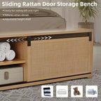 Lit plateforme Queen Size en rotin naturel avec armoires de rangement coulissantes de type porte de grange et tête de lit lumineuse à LED, lit bohème de style ferme avec pieds en bois