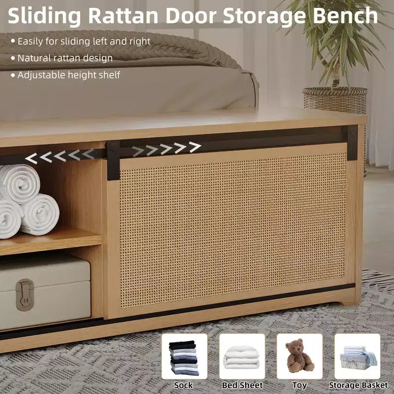 Lit plateforme Queen Size en rotin naturel avec armoires de rangement coulissantes de type porte de grange et tête de lit lumineuse à LED, lit bohème de style ferme avec pieds en bois