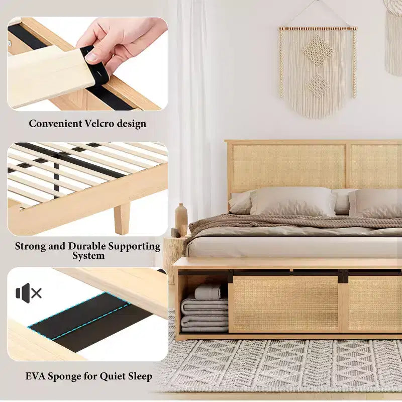 Lit plateforme Queen Size en rotin naturel avec armoires de rangement coulissantes de type porte de grange et tête de lit lumineuse à LED, lit bohème de style ferme avec pieds en bois