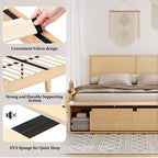 Lit plateforme Queen Size en rotin naturel avec armoires de rangement coulissantes de type porte de grange et tête de lit lumineuse à LED, lit bohème de style ferme avec pieds en bois