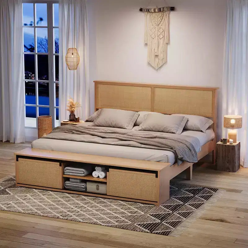 Lit plateforme Queen Size en rotin naturel avec armoires de rangement coulissantes de type porte de grange et tête de lit lumineuse à LED, lit bohème de style ferme avec pieds en bois