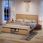 Lit plateforme Queen Size en rotin naturel avec armoires de rangement coulissantes de type porte de grange et tête de lit lumineuse à LED, lit bohème de style ferme avec pieds en bois