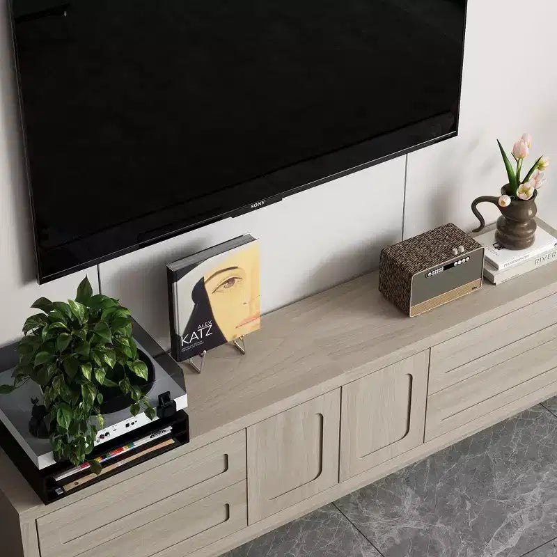 Meuble TV Famapy en bois clair - Meuble de divertissement avec tiroirs et placards - Rangement média moderne pour salon