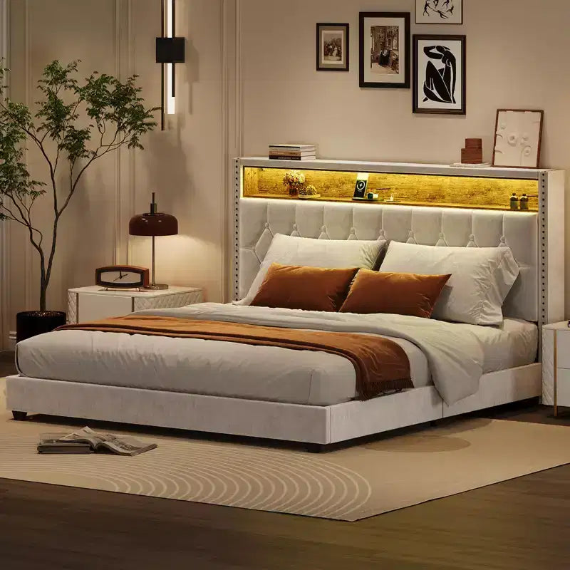 King Bed Frame, Upholstered Headboard Platform Bed with Charging Station and Bookcase, No Noise, Stable,with Light, No Box Spring Needed, Off White