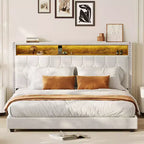 Cadre de lit King size, lit plateforme avec tête de lit capitonnée, station de recharge et bibliothèque, silencieux, stable, avec lumière, ne nécessite pas de sommier tapissier, blanc cassé