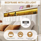 Cadre de lit King size, lit plateforme avec tête de lit capitonnée, station de recharge et bibliothèque, silencieux, stable, avec lumière, ne nécessite pas de sommier tapissier, blanc cassé