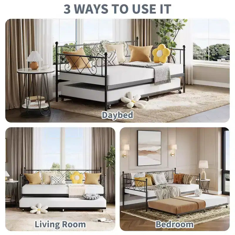 Lit de repos double avec tête de litSommier à lattes métalliques robuste, Cadre de canapé-lit pour chambre à coucher et salon, Aucun sommier tapissier requis, Montage facile