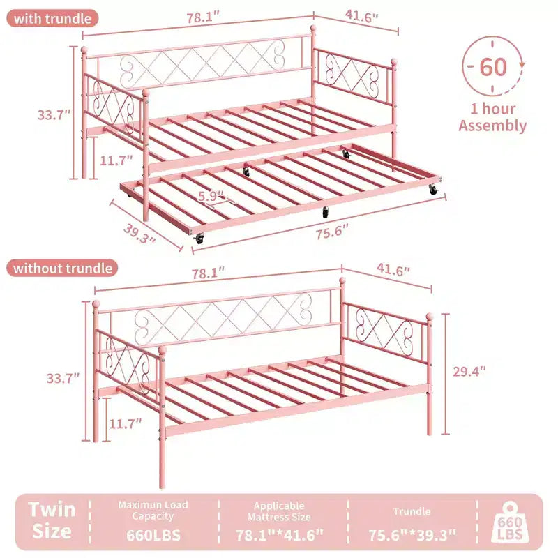 Lit de repos double avec tête de litSommier à lattes métalliques robuste, Cadre de canapé-lit pour chambre à coucher et salon, Aucun sommier tapissier requis, Montage facile