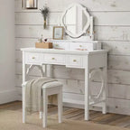 Coiffeuse élégante avec tabouret, miroir réversible et 5 tiroirs, ensemble de coiffeuse blanc, station de beauté peu encombrante - ModernLuxe