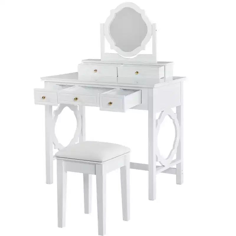 Coiffeuse élégante avec tabouret, miroir réversible et 5 tiroirs, ensemble de coiffeuse blanc, station de beauté peu encombrante - ModernLuxe