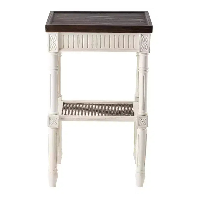 COZAYH Rustic Farmhouse Accent End Table, Wooden Square Tray Top with Woven Wicker Shelf for Living Rooms, Weathered Brown & White