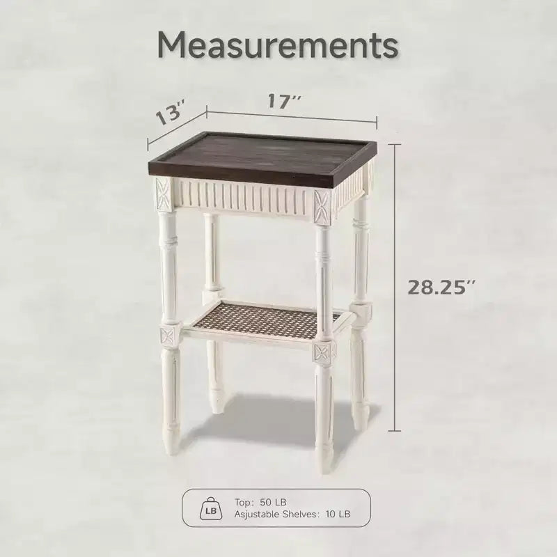 COZAYH Table d'appoint rustique de ferme, plateau carré en bois avec étagère en osier tressé pour salons, marron et blanc vieilli