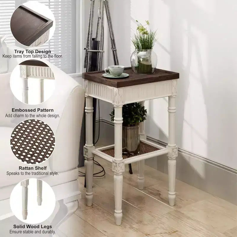 COZAYH Table d'appoint rustique de ferme, plateau carré en bois avec étagère en osier tressé pour salons, marron et blanc vieilli