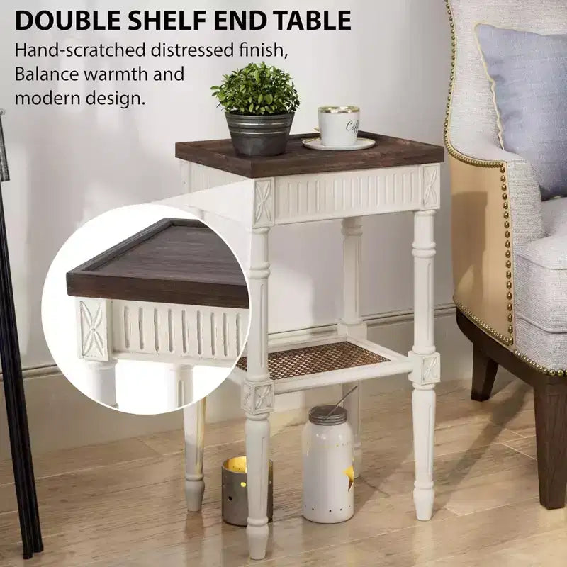 COZAYH Table d'appoint rustique de ferme, plateau carré en bois avec étagère en osier tressé pour salons, marron et blanc vieilli