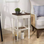 COZAYH Table d'appoint rustique de ferme, plateau carré en bois avec étagère en osier tressé pour salons, marron et blanc vieilli