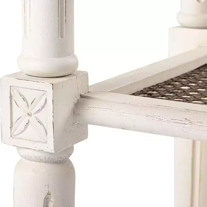 COZAYH Table d'appoint rustique de ferme, plateau carré en bois avec étagère en osier tressé pour salons, marron et blanc vieilli