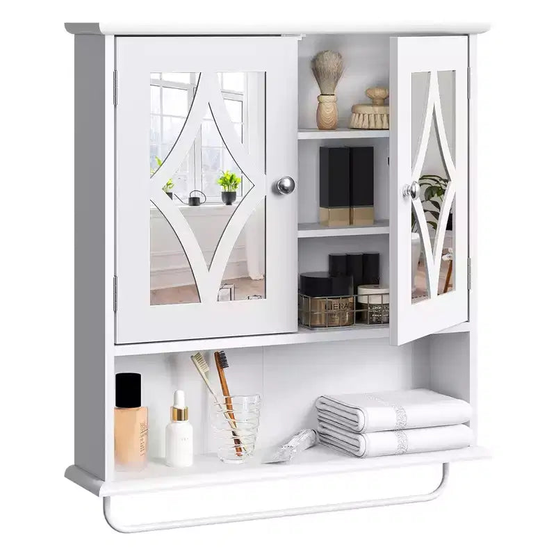 RoyalCraft Bathroom Medicine Cabinet, Wall Mount Storage with Mirror, Towel Bar, and Adjustable Shelves for Wash Room, Laundry, White