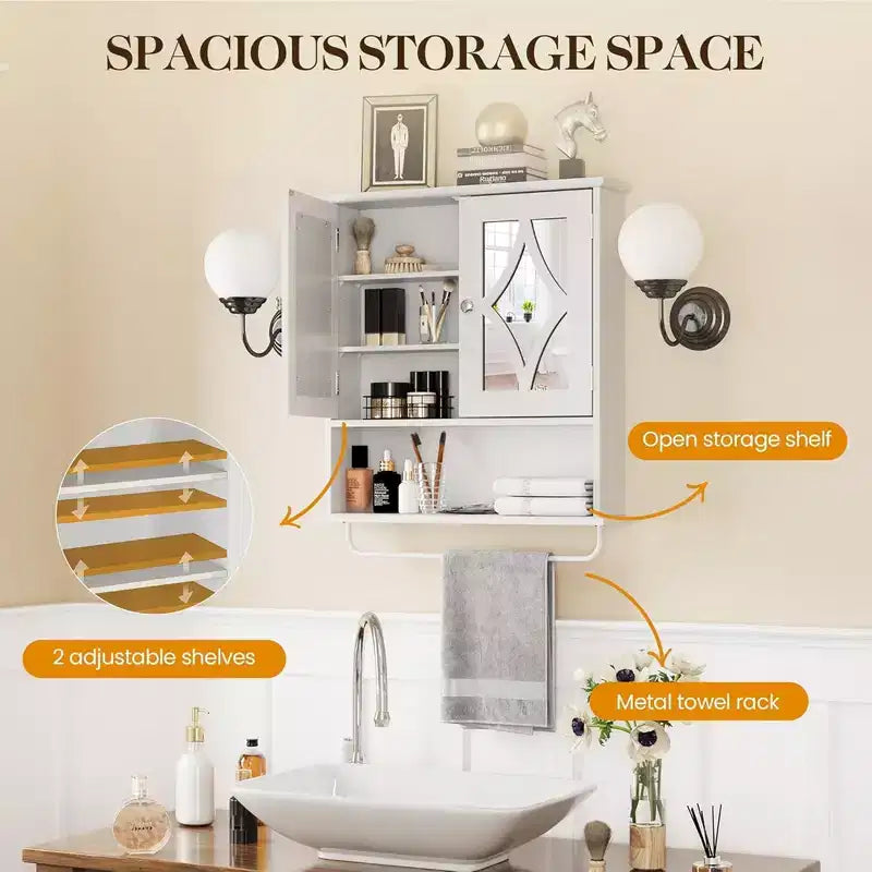 Armoire à pharmacie RoyalCraft pour salle de bain, rangement mural avec miroir, porte-serviettes et étagères réglables pour salle d'eau, buanderie, blanc