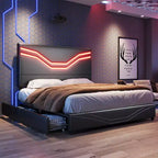 AMERLIFE Twin Size Bed Frame with LED Lights and Storage Drawers, Adjustable Leather Upholstered Headboard, No Box Spring Needed, Black