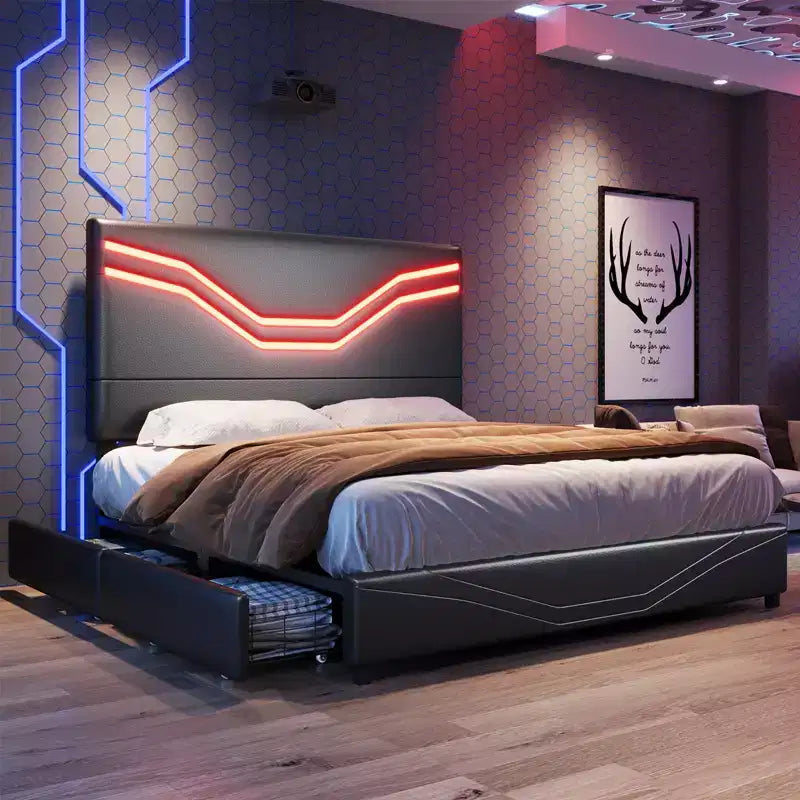 AMERLIFE Twin Size Bed Frame with LED Lights and Storage Drawers, Adjustable Leather Upholstered Headboard, No Box Spring Needed, Black