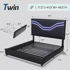Cadre de lit double AMERLIFE avec lumières LED et tiroirs de rangement, tête de lit rembourrée en cuir réglable, aucun sommier tapissier requis, noir