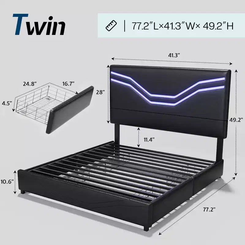 Cadre de lit double AMERLIFE avec lumières LED et tiroirs de rangement, tête de lit rembourrée en cuir réglable, aucun sommier tapissier requis, noir